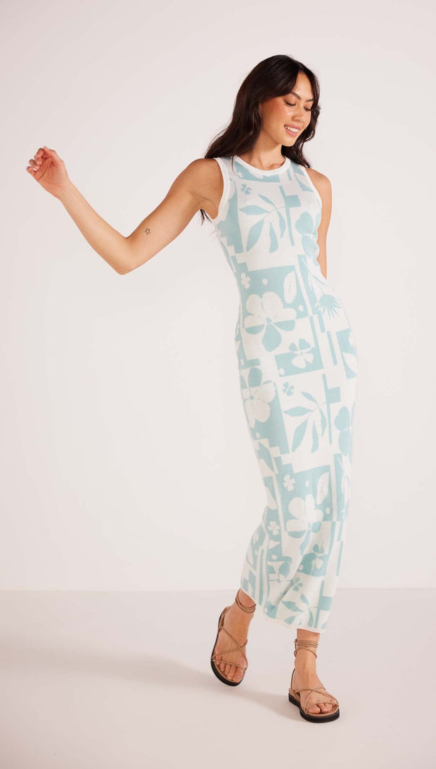 Lacy Intarsia Knit Midi Dress - White/Blue Floral