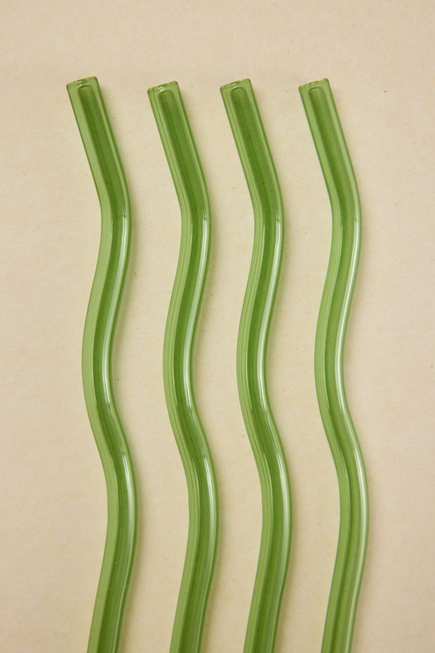 Green Curvy Reuseable Pk 4 Glass Drinking Straws