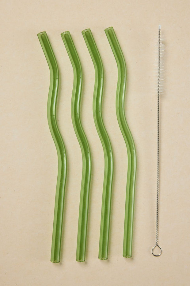 Green Curvy Reuseable Pk 4 Glass Drinking Straws