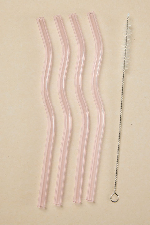 Pink Curvy Reuseable Pk 4 Glass Drinking Straws