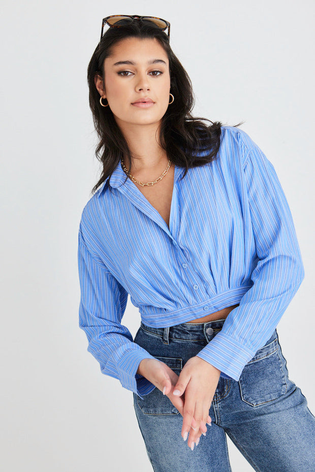 Gifted Button Pleat Top - Blue Stripe