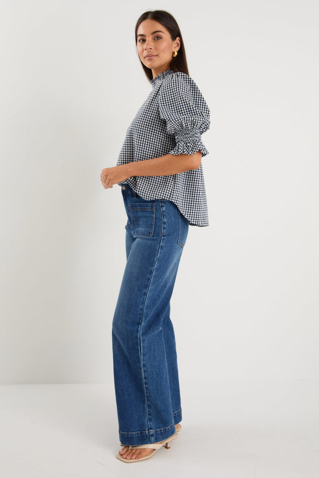 Affection High Neck Top - Navy Gingham