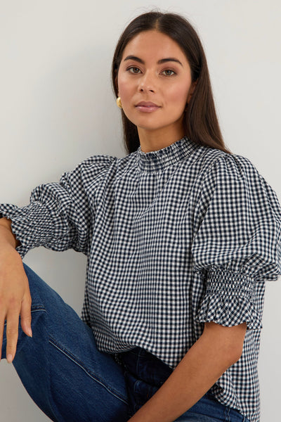 Affection High Neck Top - Navy Gingham