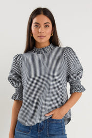 Affection High Neck Top - Navy Gingham