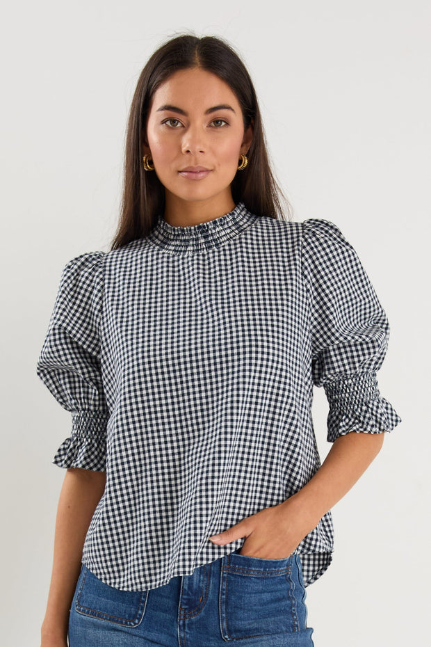 Affection High Neck Top - Navy Gingham