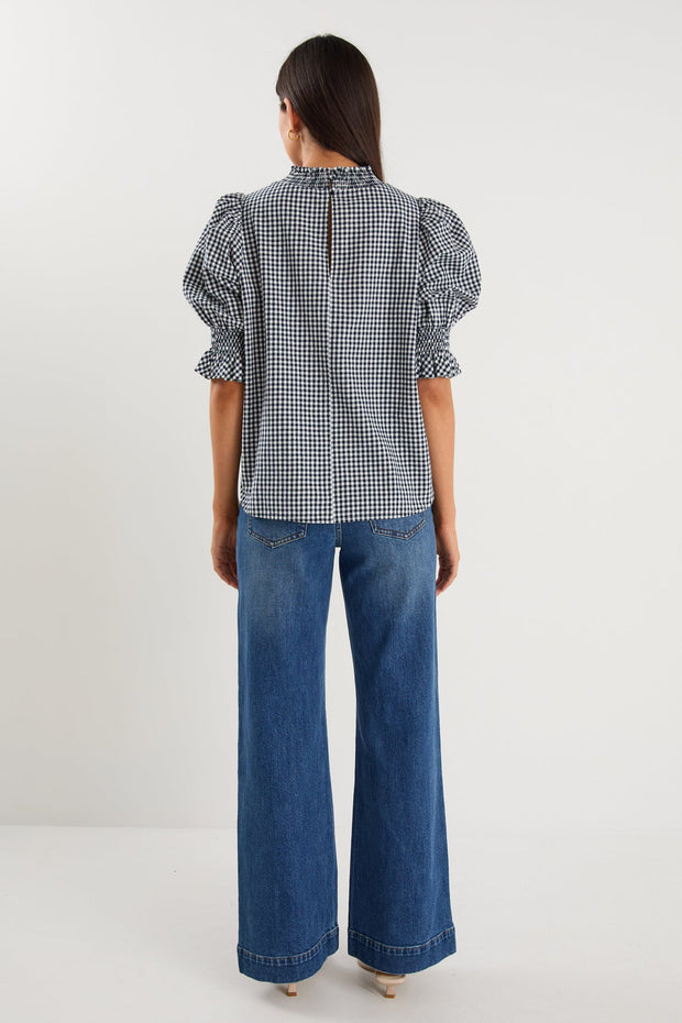 Affection High Neck Top - Navy Gingham