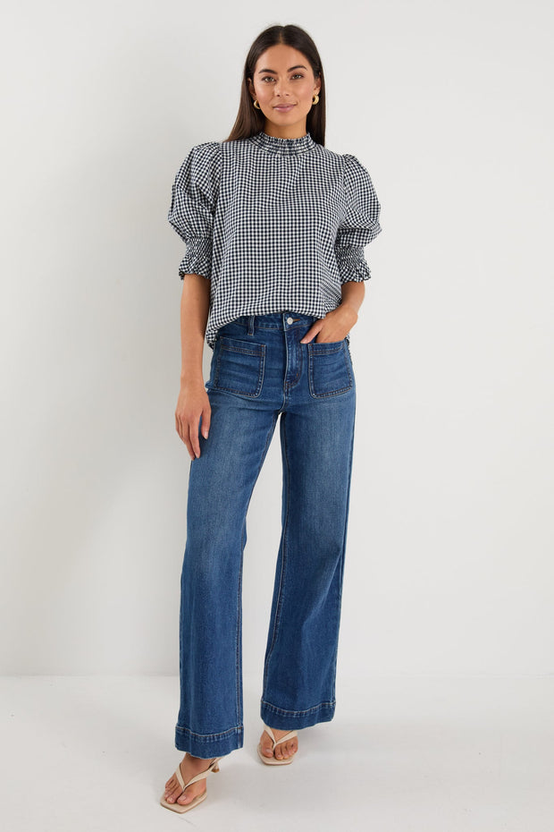 Affection High Neck Top - Navy Gingham