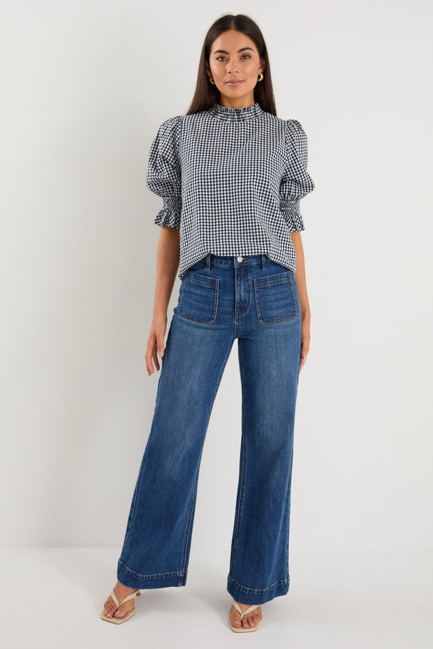 Affection High Neck Top - Navy Gingham