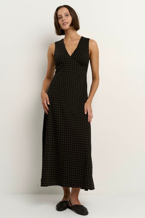 Aston Ditsy  Flared Dress - Black Polka Dot