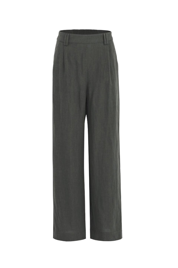 Bestow Linen Elastic Waist Pants - Dark Olive