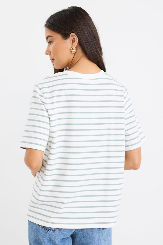 Binding Stripe Boxy Tee - Khaki/White