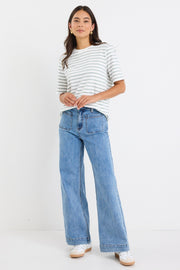 Binding Stripe Boxy Tee - Khaki/White