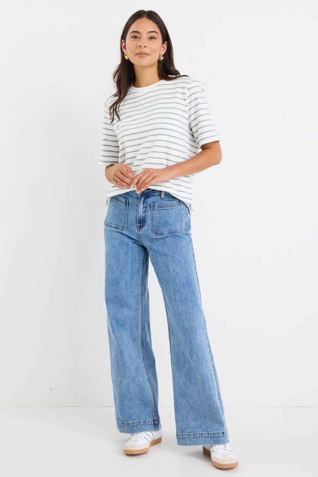 Binding Stripe Boxy Tee - Khaki/White