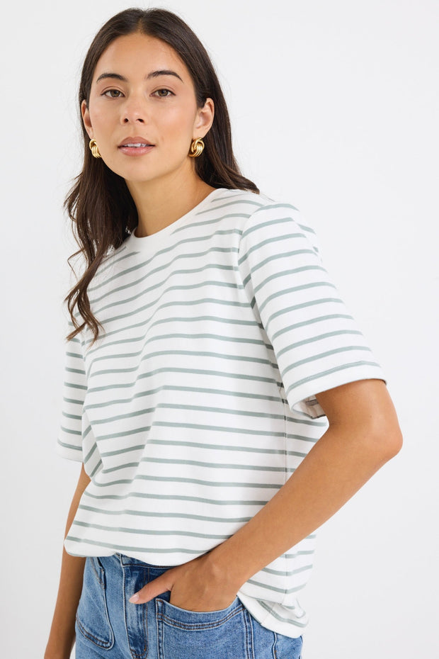 Binding Stripe Boxy Tee - Khaki/White