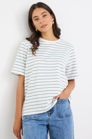 Binding Stripe Boxy Tee - Khaki/White