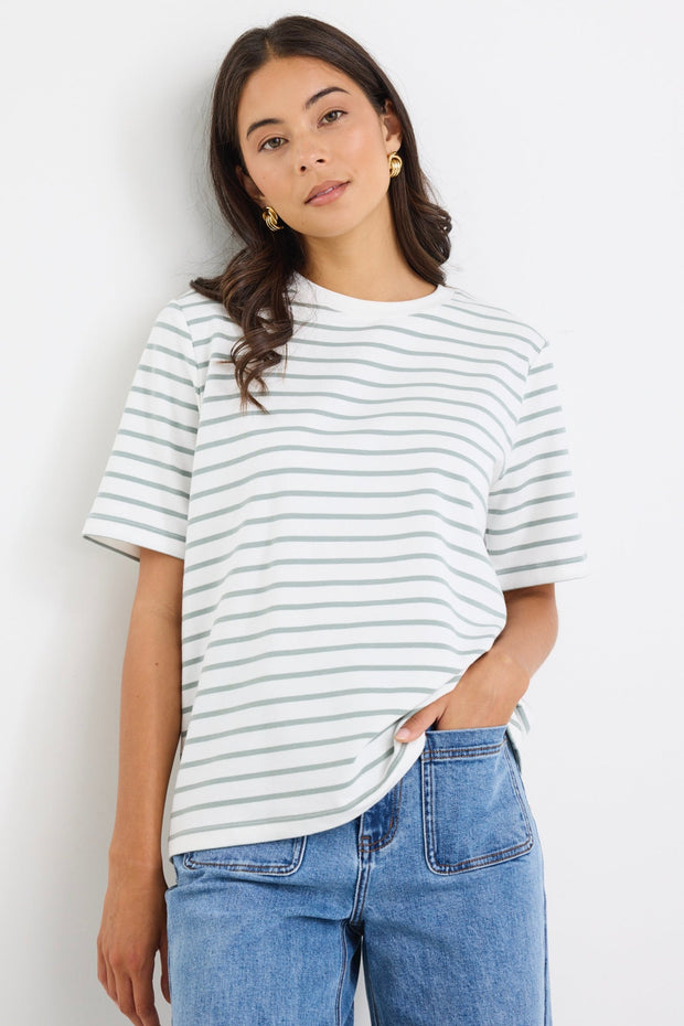 Binding Stripe Boxy Tee - Khaki/White