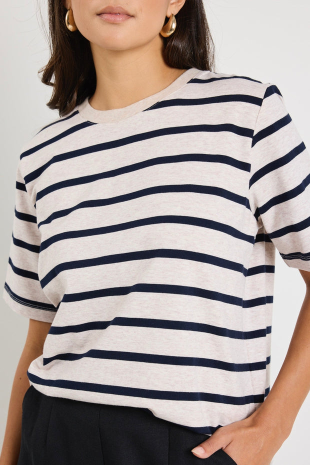 Binding Boxy Tee - Ecru Navy Stripe