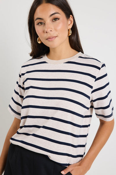 Binding Boxy Tee - Ecru Navy Stripe