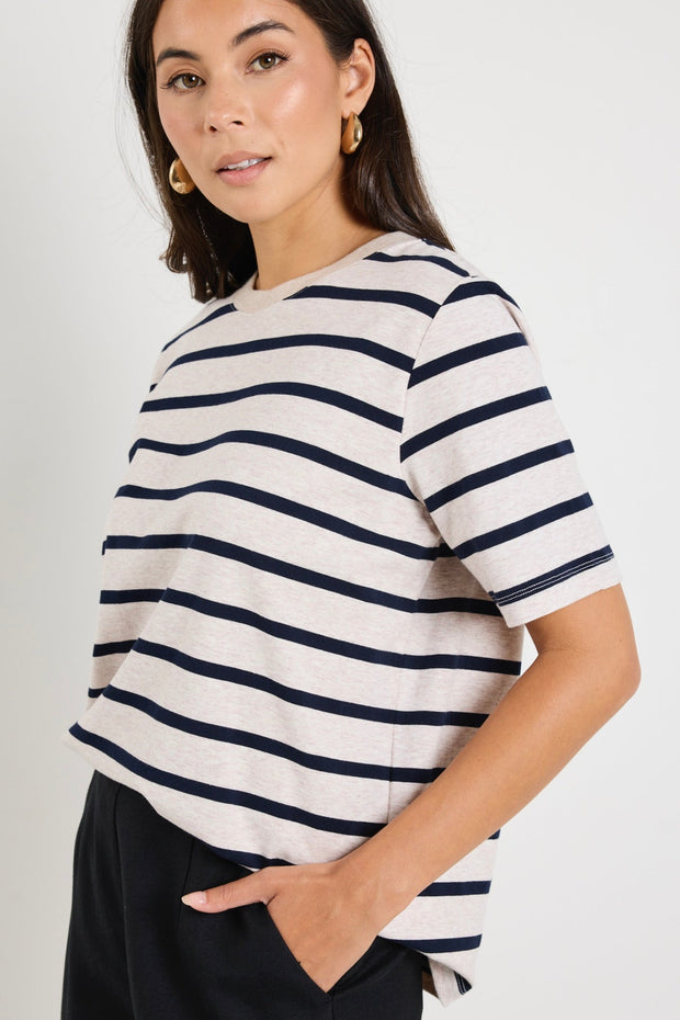 Binding Boxy Tee - Ecru Navy Stripe