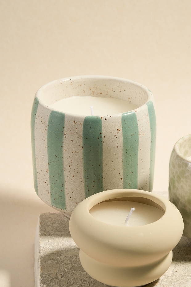 Blue Stone Stripe Large Ceramic Soy Wax Candle