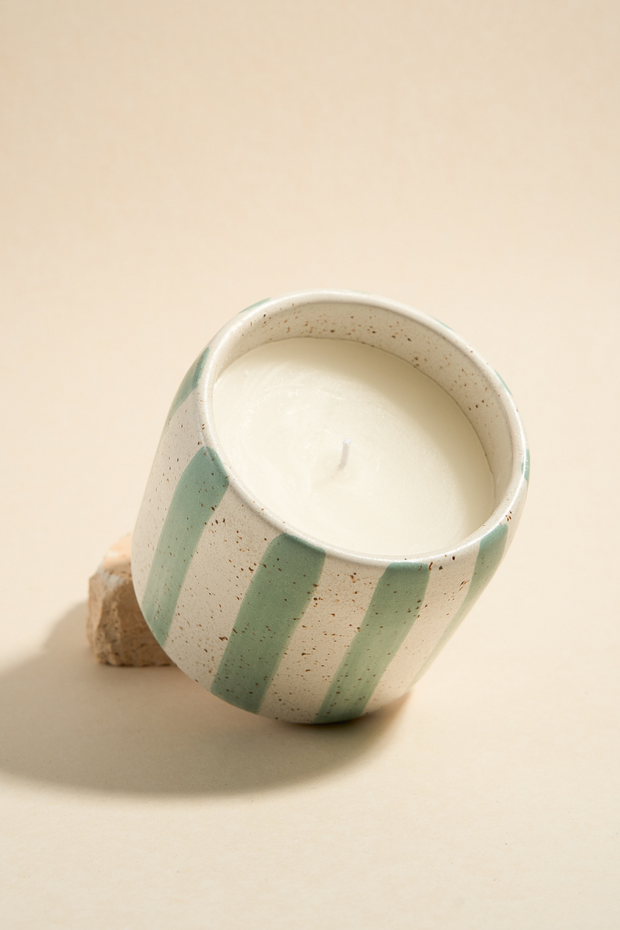 Blue Stone Stripe Large Ceramic Soy Wax Candle