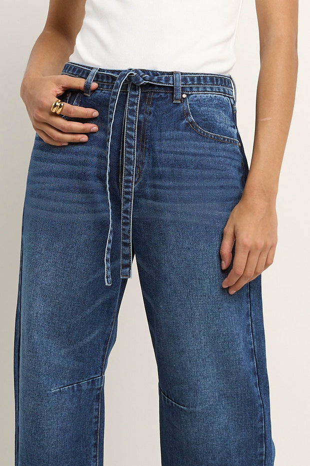 Campus Tie Waist Barrel Jeans - Deep Blue