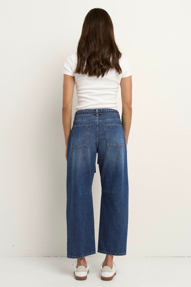 Campus Tie Waist Barrel Jeans - Deep Blue