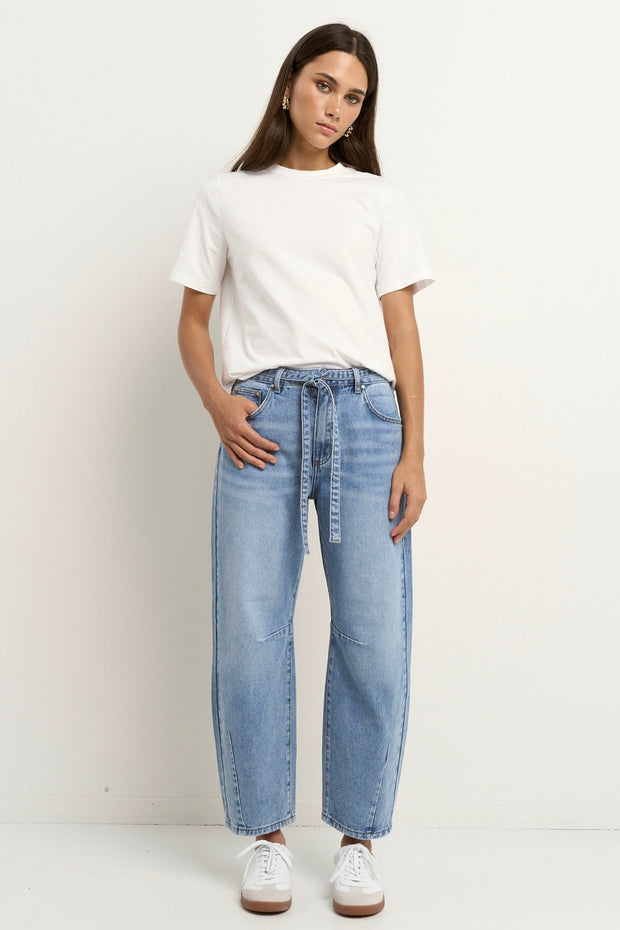 Campus Tie Waist Barrel Jeans - Light Blue