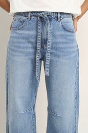 Campus Tie Waist Barrel Jeans - Light Blue