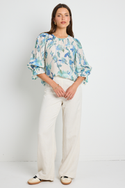 Candid Crew Neck S/S Top - Blue Cream Floral