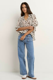 Certainty Shirred S/S Top - White Chocolate Animal