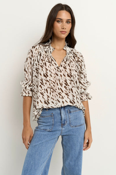 Certainty Shirred S/S Top - White Chocolate Animal