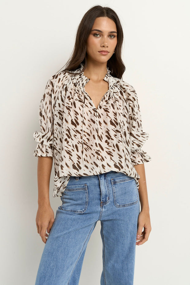 Certainty Shirred S/S Top - White Chocolate Animal