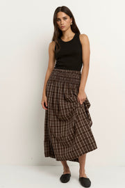 Cheerful Shirred Waist Maxi Skirt - Chocolate Gingham