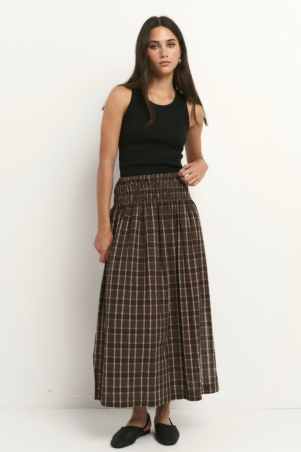Cheerful Shirred Waist Maxi Skirt - Chocolate Gingham