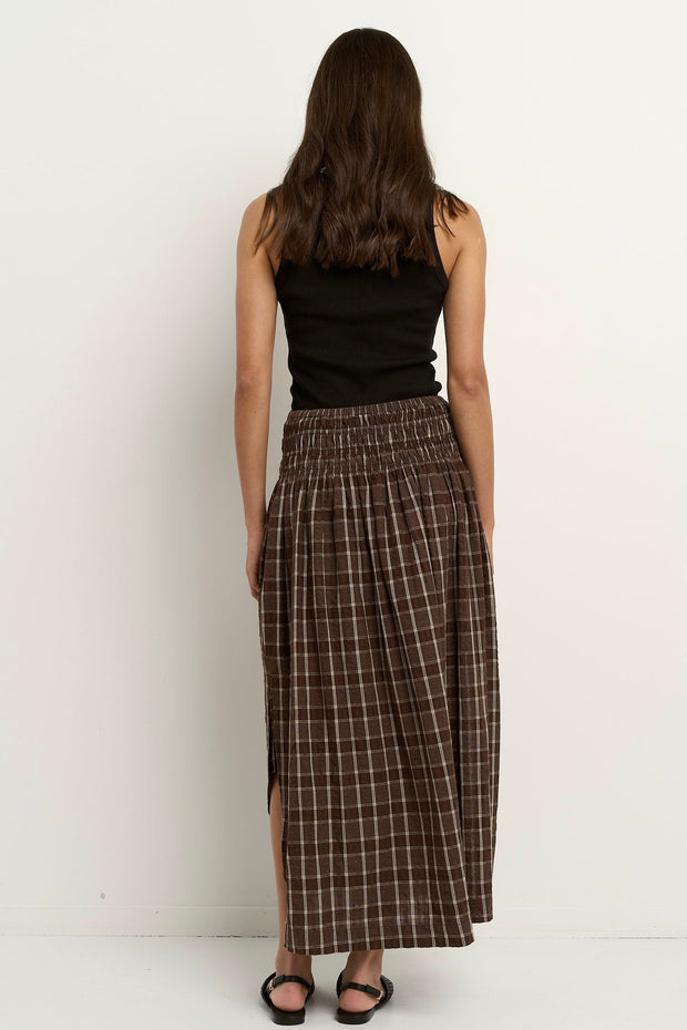 Cheerful Shirred Waist Maxi Skirt - Chocolate Gingham