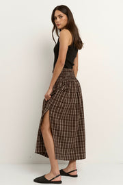 Cheerful Shirred Waist Maxi Skirt - Chocolate Gingham