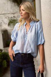 Closure Sheer High Neck Top - Pale Blue