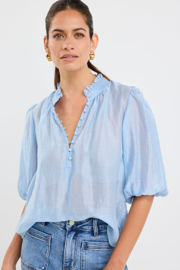 Closure Sheer High Neck Top - Pale Blue