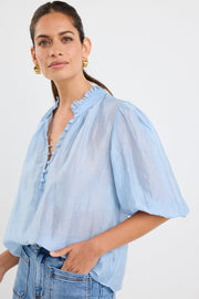 Closure Sheer High Neck Top - Pale Blue