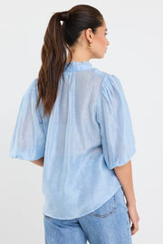 Closure Sheer High Neck Top - Pale Blue