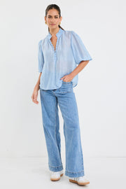 Closure Sheer High Neck Top - Pale Blue