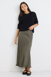 Bliss Linen Bias Midi Skirt - Khaki