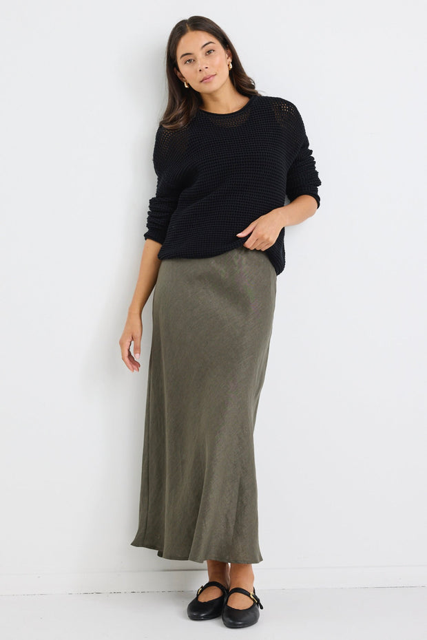 Bliss Linen Bias Midi Skirt - Khaki