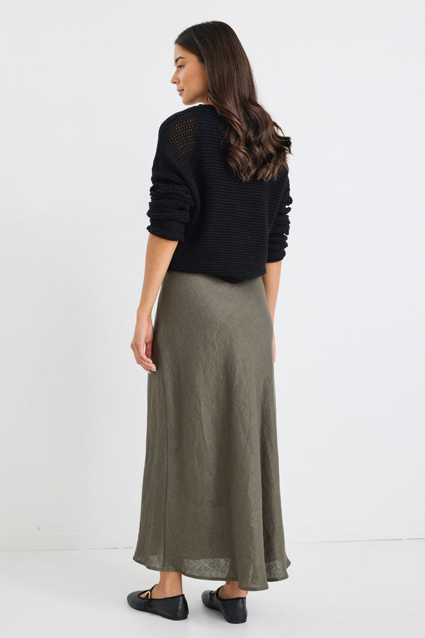 Bliss Linen Bias Midi Skirt - Khaki