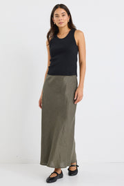 Bliss Linen Bias Midi Skirt - Khaki