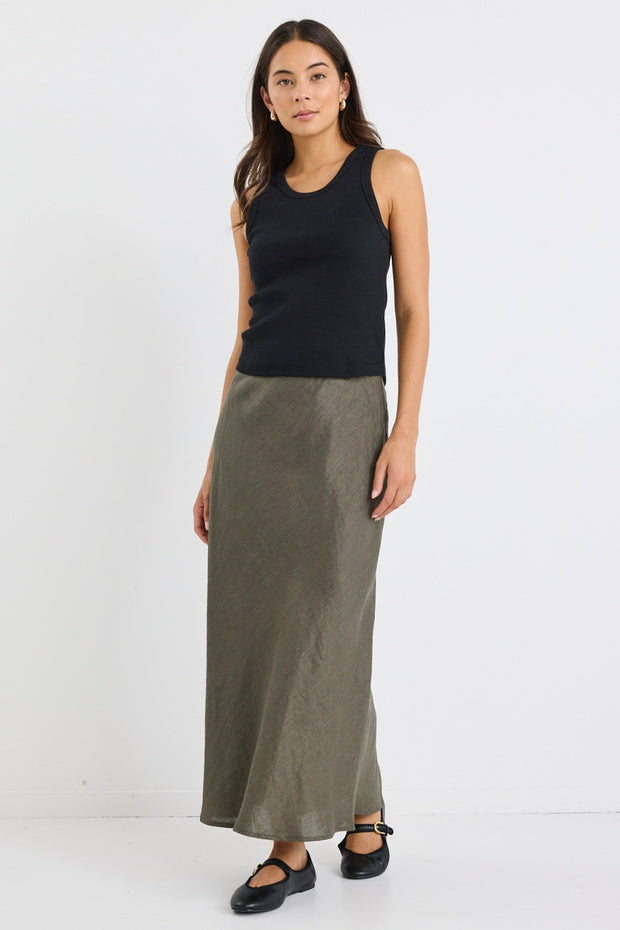 Bliss Linen Bias Midi Skirt - Khaki