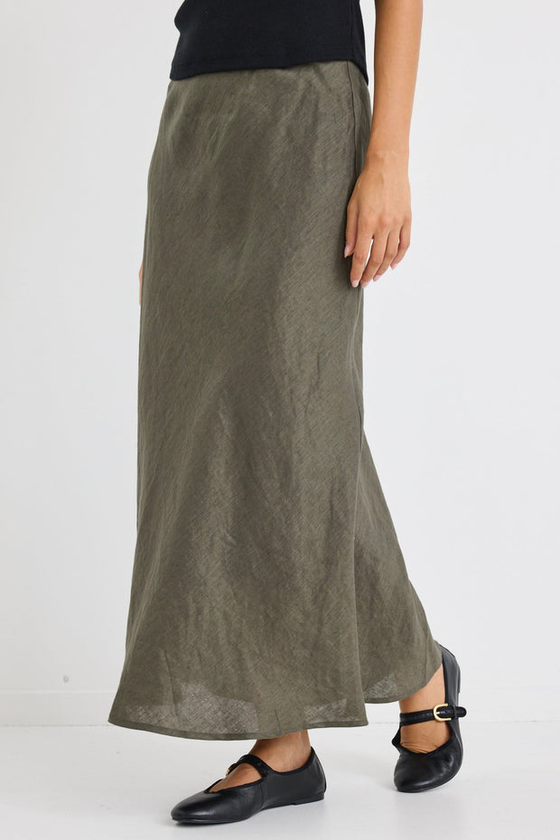 Bliss Linen Bias Midi Skirt - Khaki