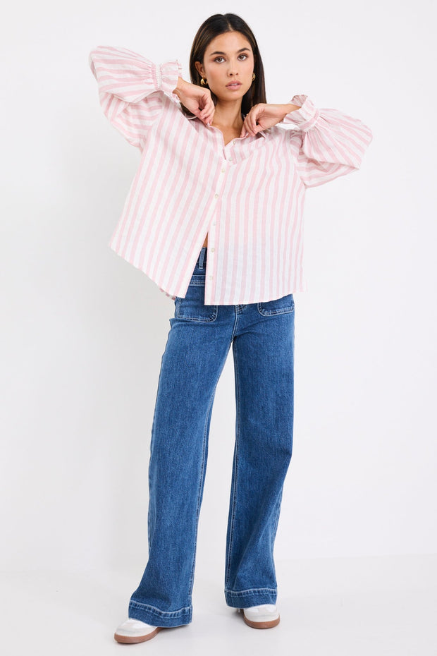 Connection Button Front Shirt - Pink Stripe