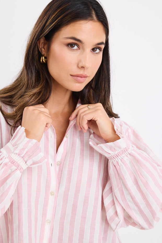 Connection Button Front Shirt - Pink Stripe